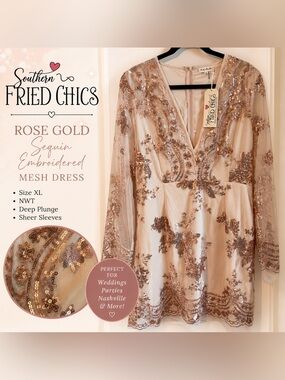 Southern Fried Chics Rose Gold Sequin Embroidered Mini Dress